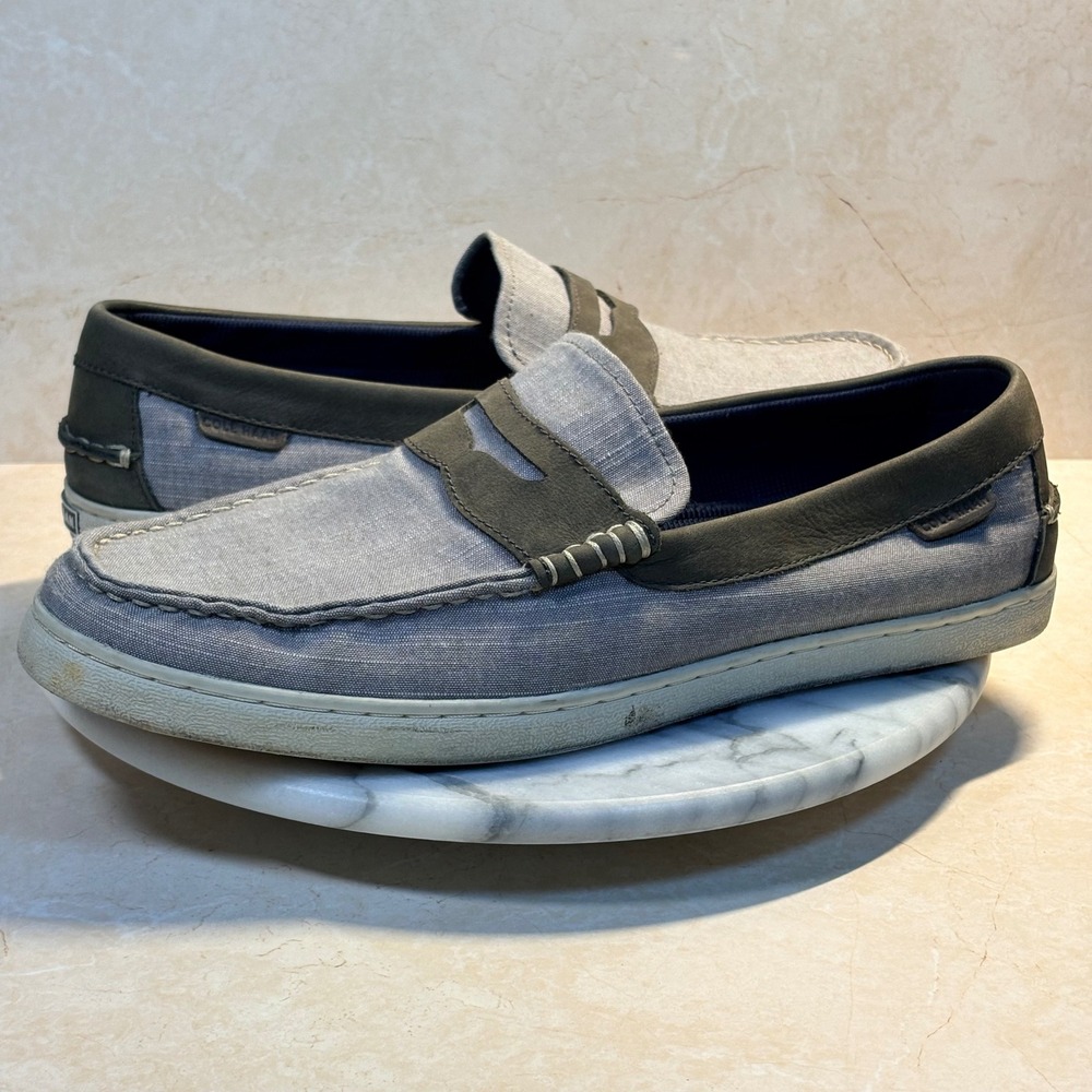 Cole Haan Mens‎ Grand.OS Gray Chambray Textile Leather Penny Loafer Shoes 11.5